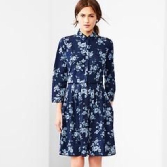GAP 100% Cotton Floral Chambray Button Front Shirt Dress 3/4 Sleeves Pockets L - Picture 1 of 12